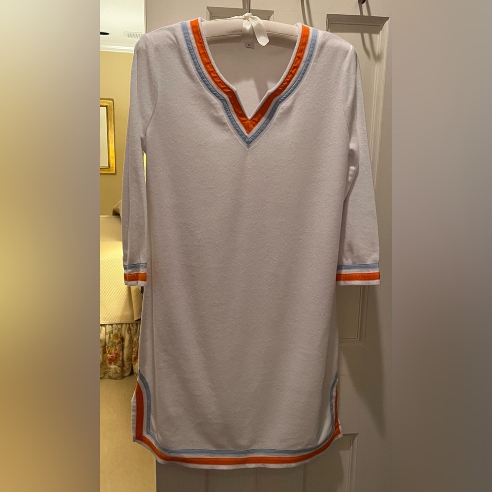 White Tunic Dress with Orange and Blue Trim